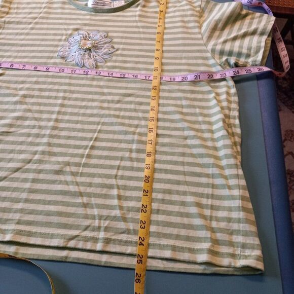 Extra Shenanigans Women's 3X Cotton Blend Floral Embellished Green Stripe Shirt - Picture 4 of 7
